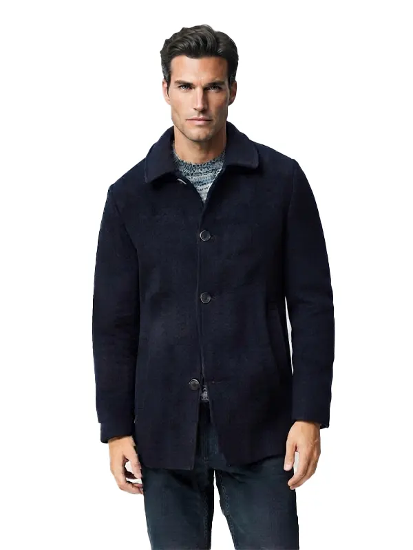 Mens Stylish Navy Blue Wool Coat