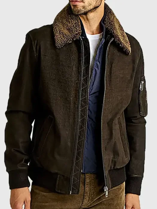 Mitchell Brown MA-1 Shearling Collar Bomber Leather Jacket