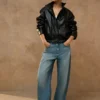 Womens Black Funnel Neck Faux Leather Jacket