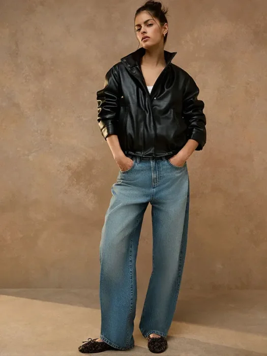 Womens Black Funnel Neck Faux Leather Jacket