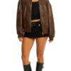 Womens Faux Leather Brown Bomber Jacket