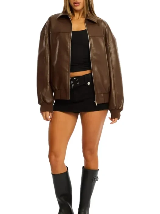 Womens Faux Leather Brown Bomber Jacket