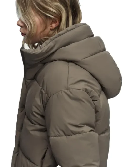 Womens Hooded Taupe Puffer Jacket