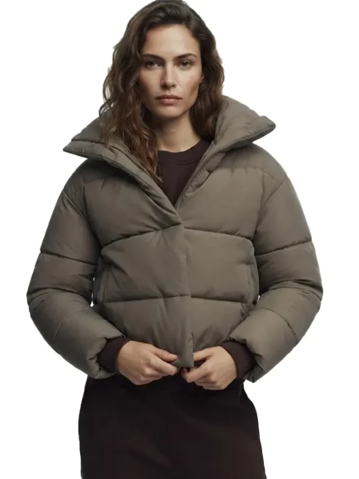 Womens Taupe Hooded Puffer Jacket