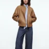 ZW COLLECTION FAUX LEATHER BROWN BOMBER JACKET
