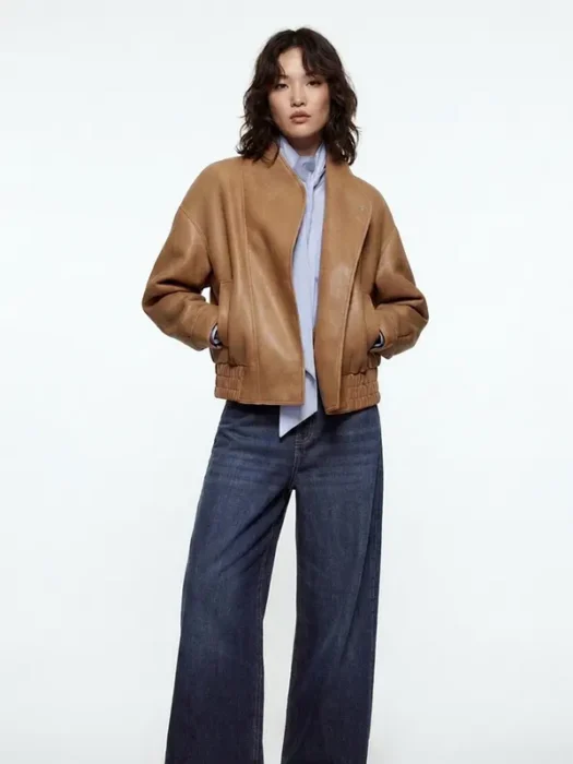 ZW COLLECTION FAUX LEATHER BROWN BOMBER JACKET