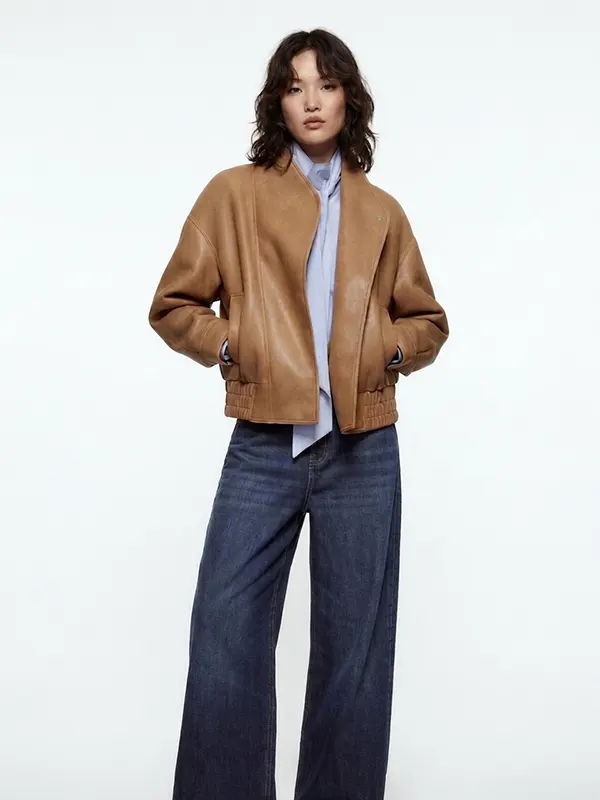 ZW COLLECTION FAUX LEATHER BROWN BOMBER JACKET