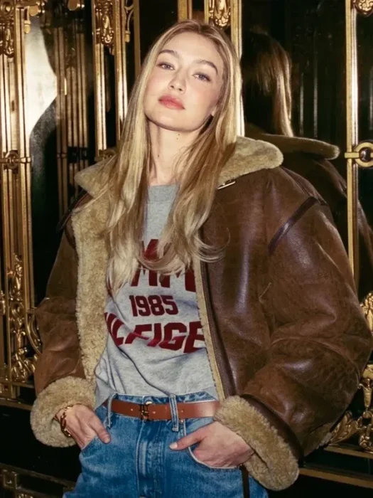 Aviator Gigi Hadid Brown Leather Jacket