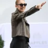 Celine Dion Crocodile Textured Brown Leather Jacket