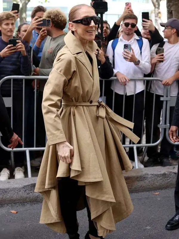 Celine Dion Paris 2026 Asymmetric Brown Trench Coat