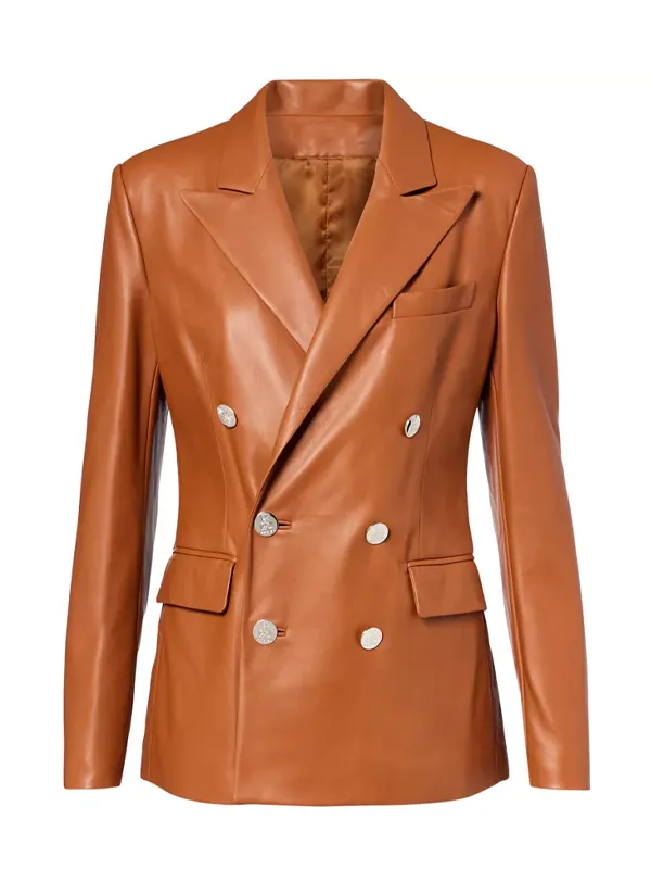 Dutton Ranch S02 Annette Bening Brown Double Breasted Leather Blazer