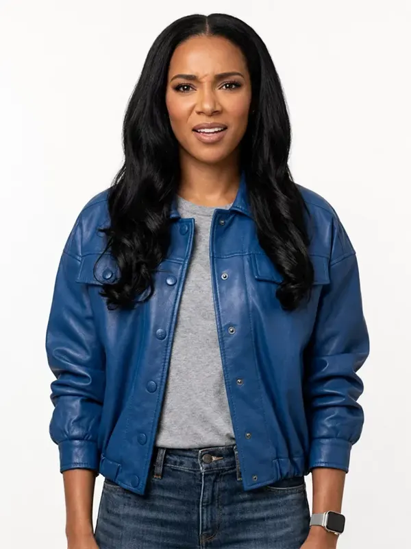 Honest Renovations S04 Lizzie Mathis Blue Leather Jacket