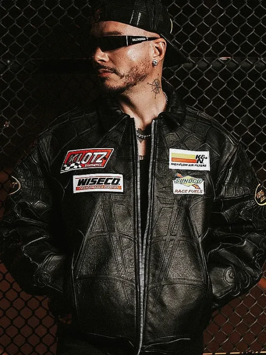 J Balvin Spider Web Black Leather Jacket