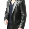 Mens Notch Lapel Two Button Black Leather Blazer