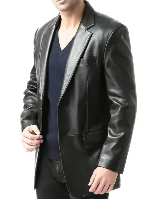 Mens Notch Lapel Two Button Black Leather Blazer
