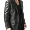 Mens Notch Lapel Two Button Black Leather Blazer Jacket