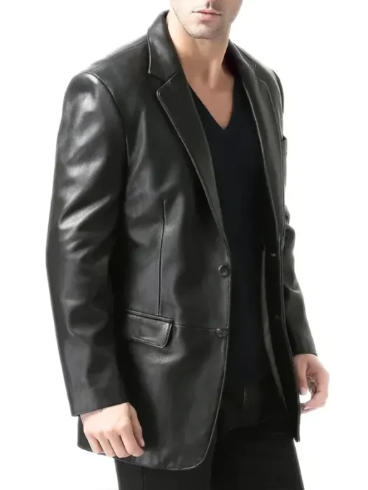 Mens Notch Lapel Two Button Black Leather Blazer Jacket