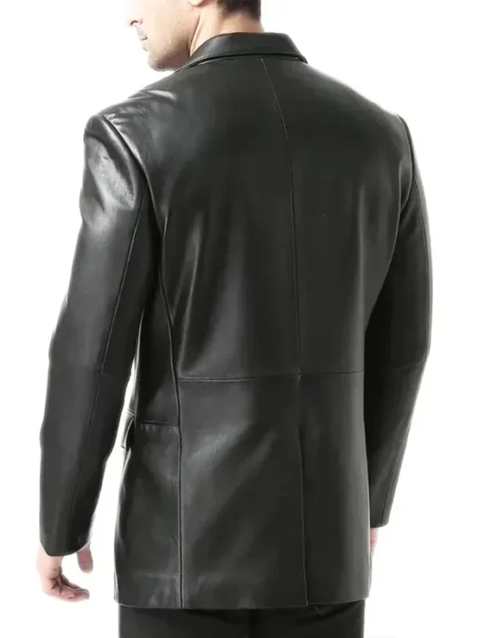 Mens Notch Lapel Two Button Black Leather Blazer Jacket Back