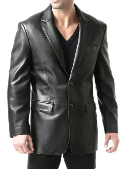 Mens Notch Lapel Two Button Leather Blazer