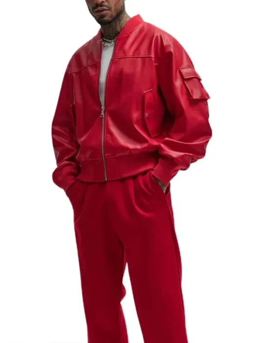 Men’s Oversized Red Leather Bomber Jacket
