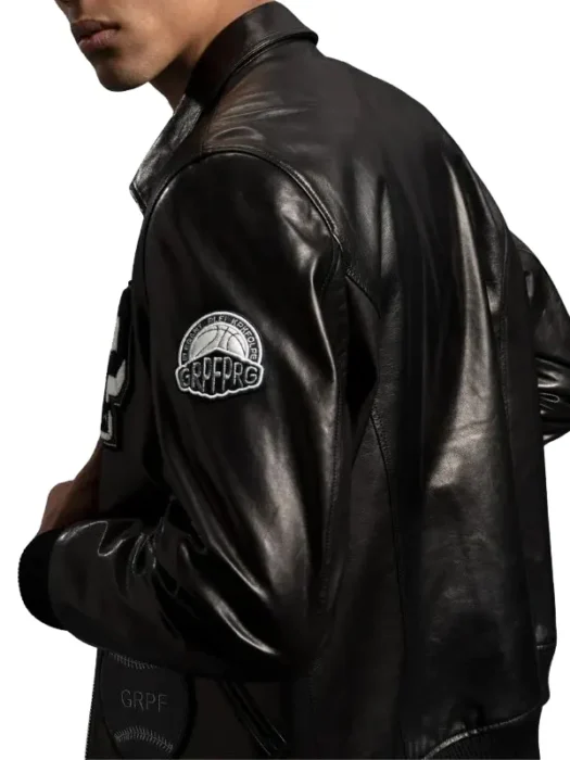 Mens Patched Black Bomber Leather Jacket Back