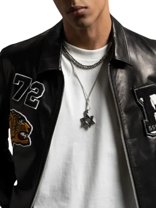 Mens Patched Bomber Leather Jacket