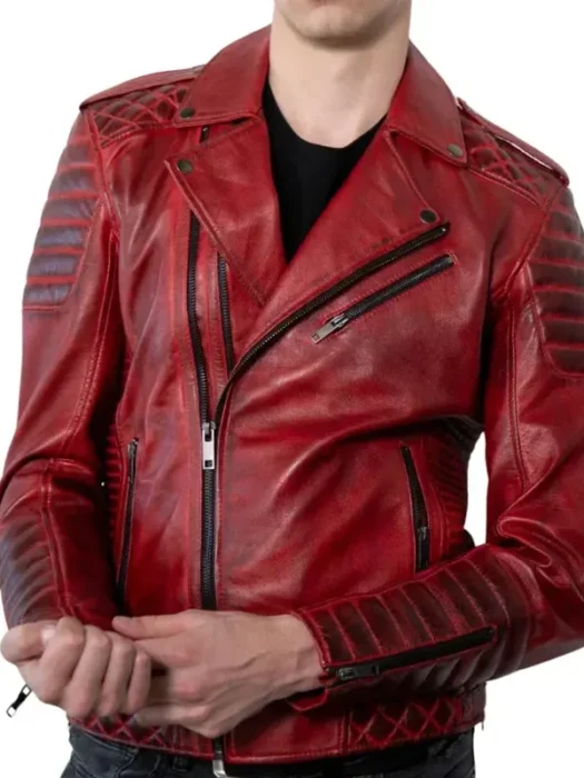 Mens Quilted Biker Red Distressed Leather Jacket