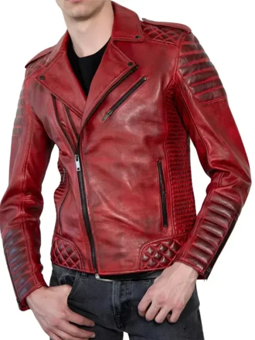 Mens Quilted Red Distressed Biker Jacket