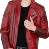 Mens Quilted Red Distressed Leather Biker Jacket