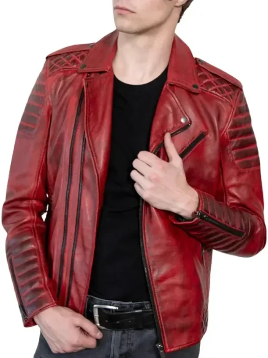 Mens Quilted Red Distressed Leather Biker Jacket