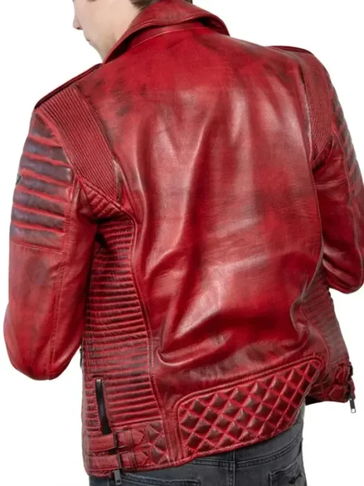 Mens Quilted Red Distressed Leather Biker Jacket Back