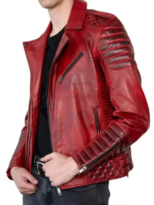 Mens Quilted Red Distressed Leather Jacket