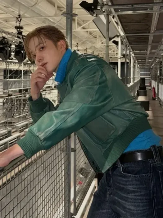 Milan FW Jeong Yun-ho Green Leather Jacket Back