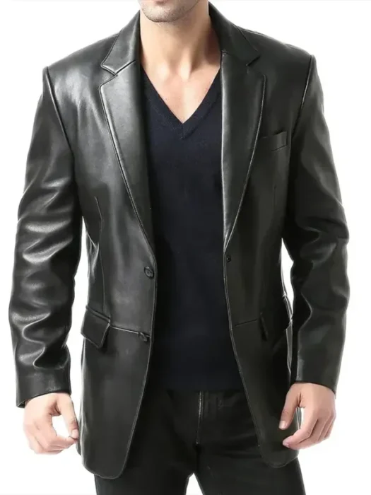 Notch Lapel Two Button Black Leather Blazer