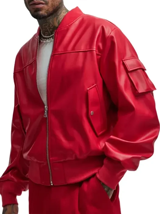 Oversized Red Leather Bomber Jacket
