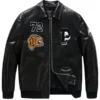 Patched Black Bomber Leather Jacket