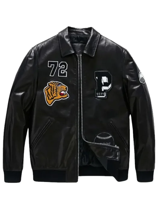 Patched Black Bomber Leather Jacket