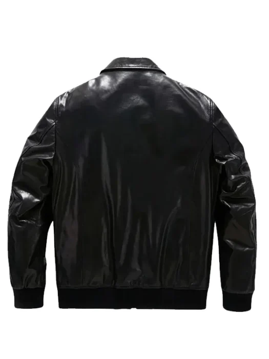 Patched Black Bomber Leather Jacket Back