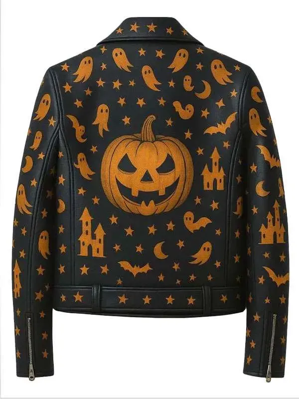 Halloween Pumpkin Biker Jacket back