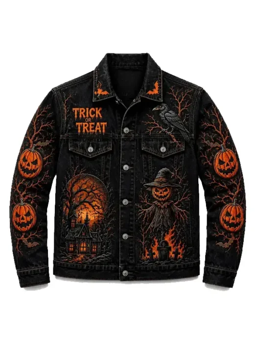 Halloween Trick or Treat Pumpkin Gothic Black Denim Coat