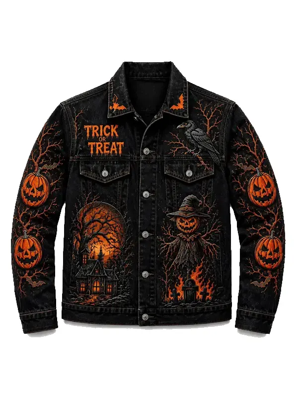 Halloween Trick or Treat Pumpkin Gothic Black Denim Coat