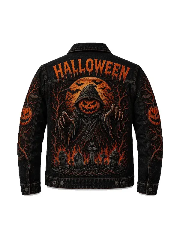 Trick or Treat Pumpkin Gothic Denim Coat Back